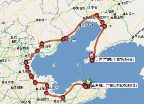煙臺(tái)-大連陸路示意圖。